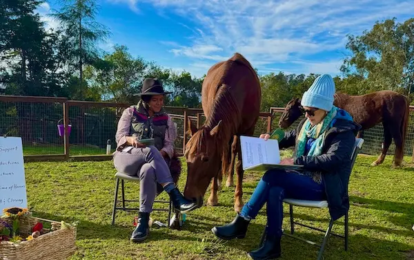 Two individuals seated outdoors with horses during a PMR equine-assisted learning session focused on support, emotions, and clarity.
